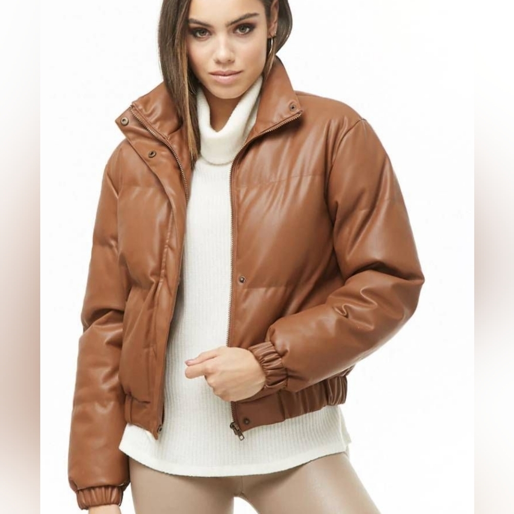 Forever 21 Tan Cognac Faux-Leather Puffer Jacket Size Large NWT